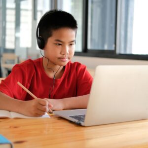 asian boy student studying learning lesson online. remote meeting distance education at home